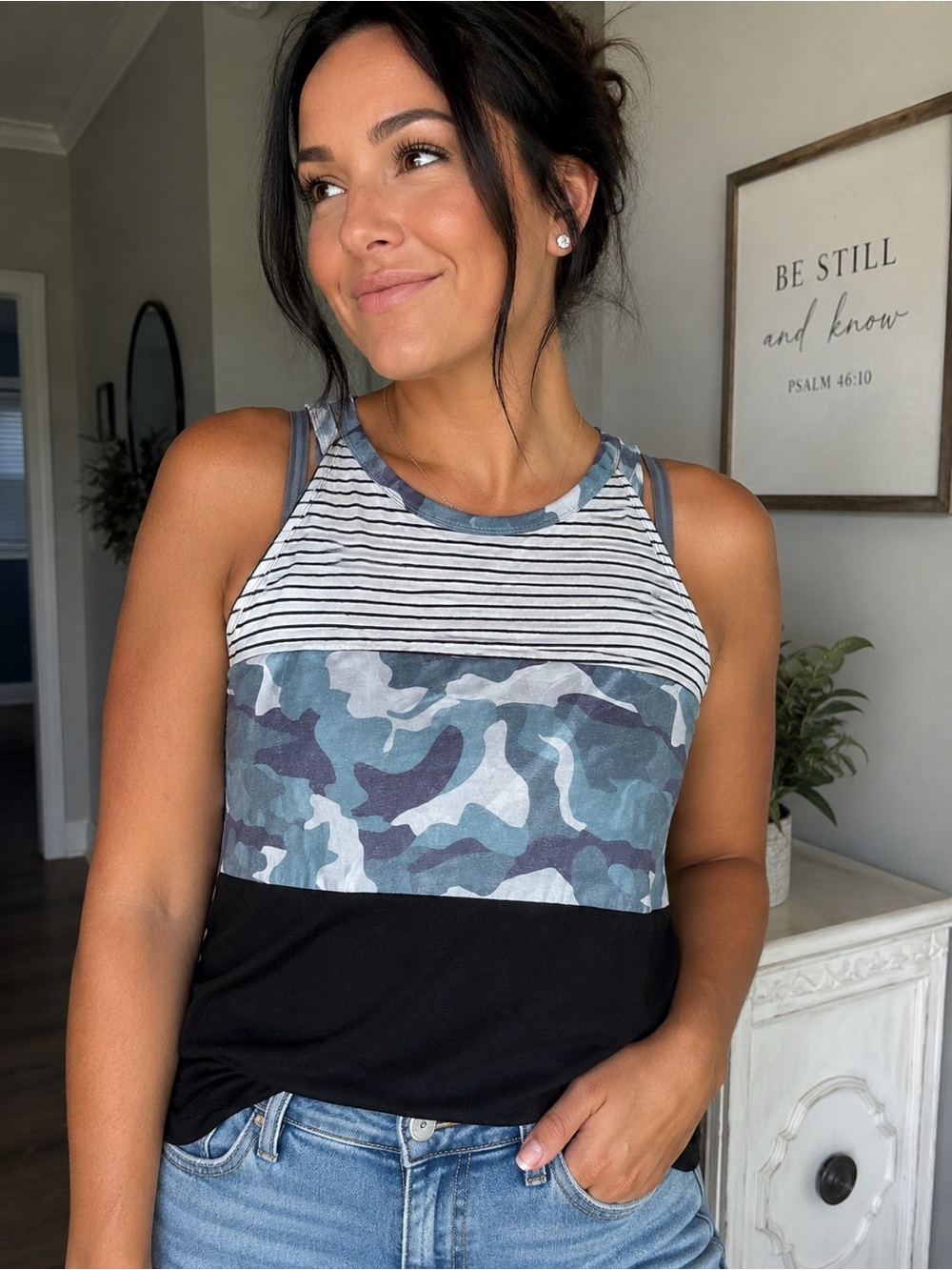 Colorblock Camo-Striped Tank Top - Black & Gray